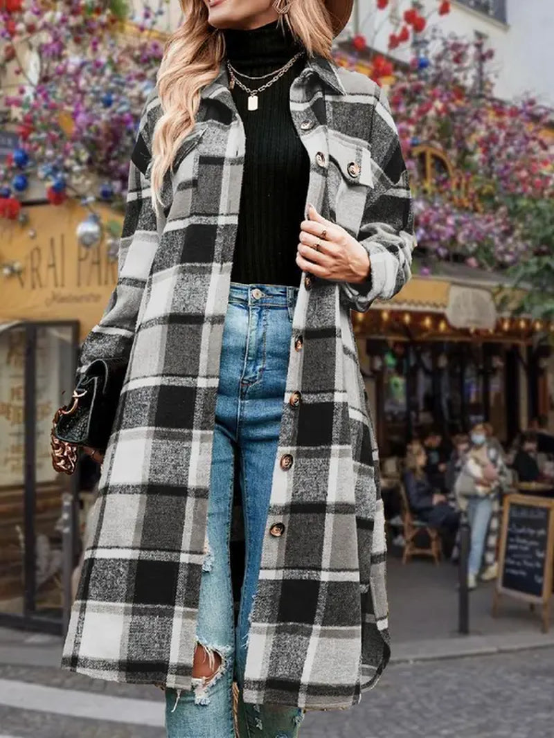 Women'S Plaid Print Button Front Split Side 3/4 Sleeve Warm Coat for Spring, Lady Casual Comfort Loose Drop Shoulder Collared Outerwear for Daily Wear, Womenswear, Women'S Clothes