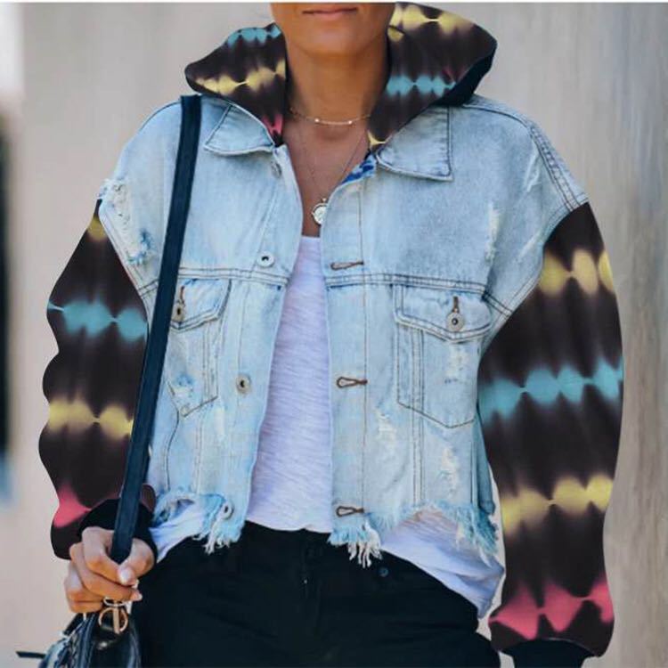 Women's Denim Tie-Dye Matching Color Jacket Ripped Style