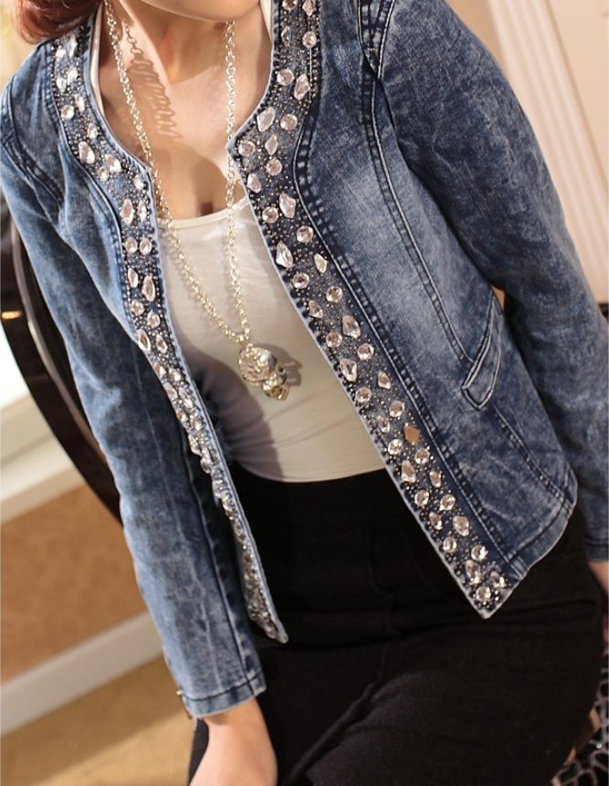 Ladies Stretch Denim Jacket with Rhinestone Sequins