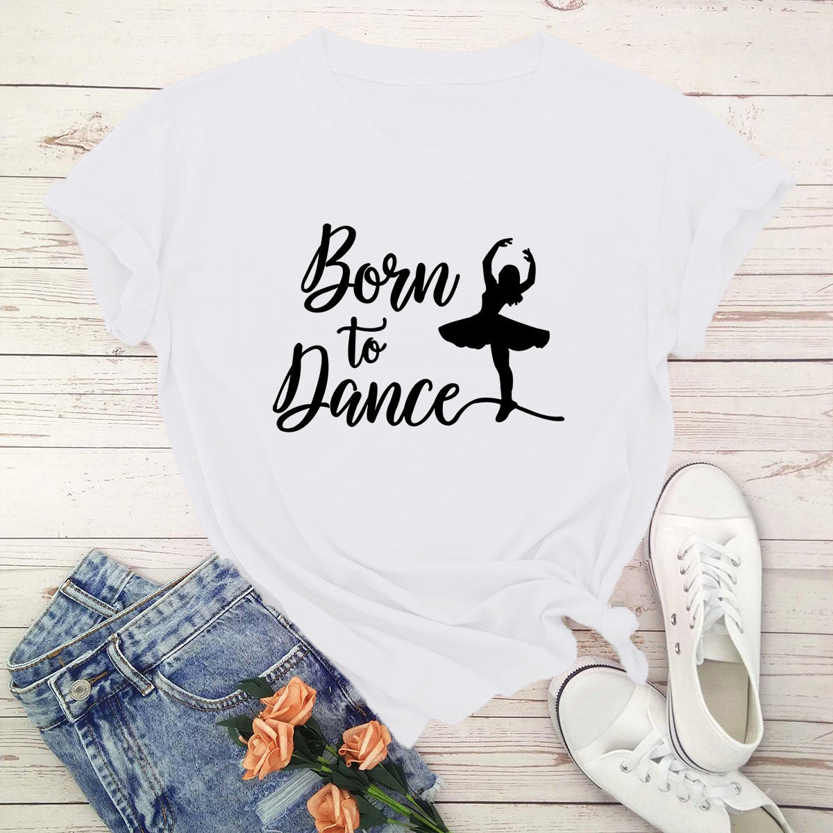 Women's Printed Ballet Born To Dance Short Sleeves T-shirt Top