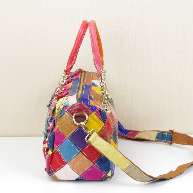 Women's First Layer Cowhide Leather Multi-colored Flowered Handbags