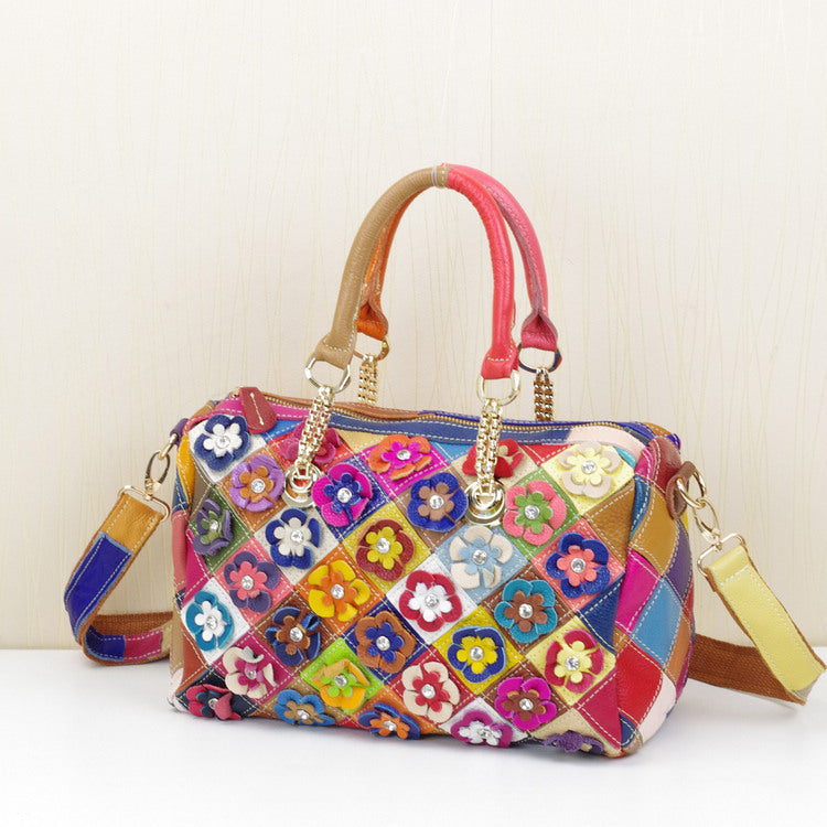 Women's First Layer Cowhide Leather Multi-colored Flowered Handbags