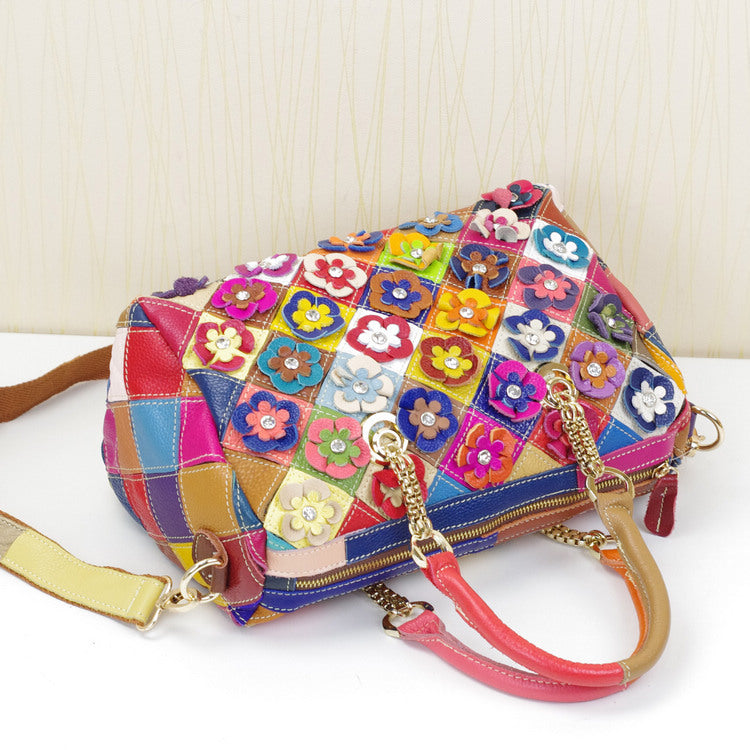 Women's First Layer Cowhide Leather Multi-colored Flowered Handbags