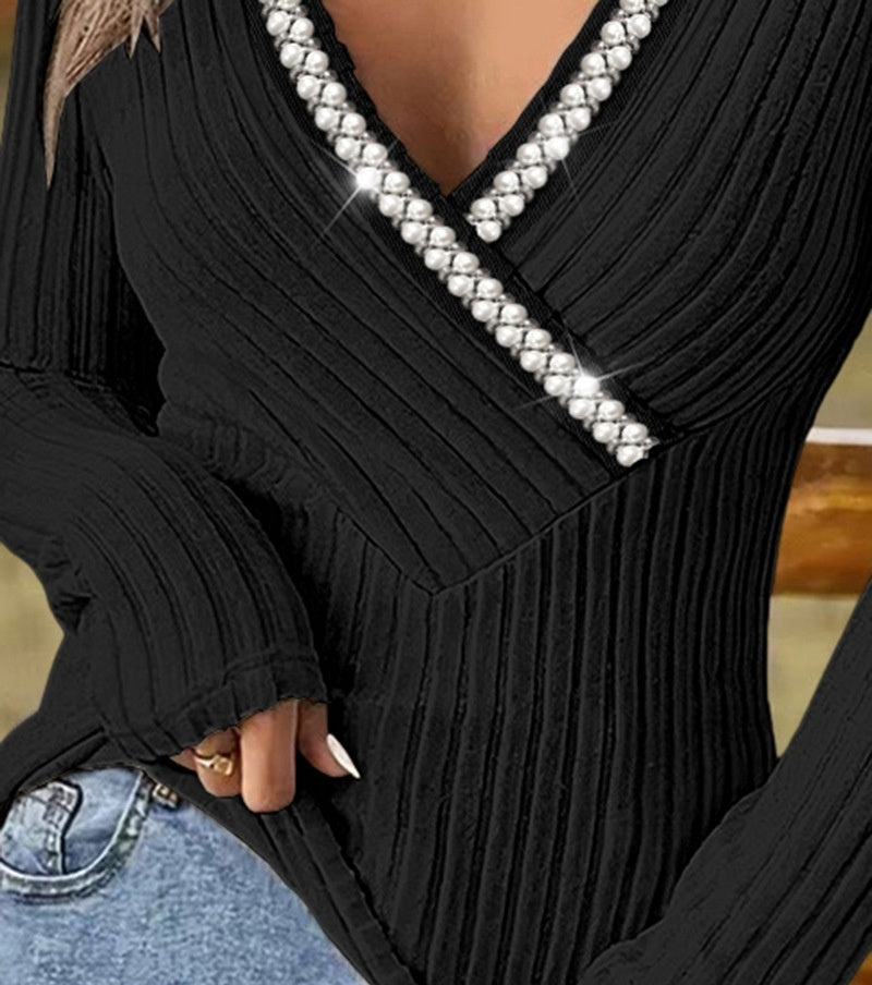 Female Bubble Beads V-neck Cross Sunken Stripe Top Sweater