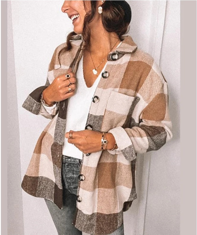 Long-Sleeved Lapel Loose Fitting Plaid Woolen Jacket for Women