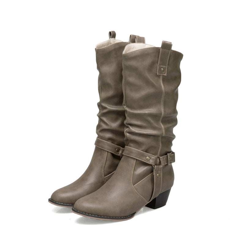 Women's Artificial PU Belt Buckle Thick Heel Mid-calf Boots