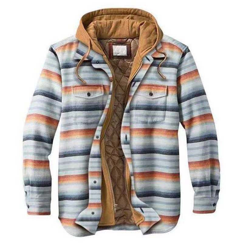 Men's Cotton Flannel Padded-lined Design Print Loose-fitting Long-sleeve Hoodie Coat