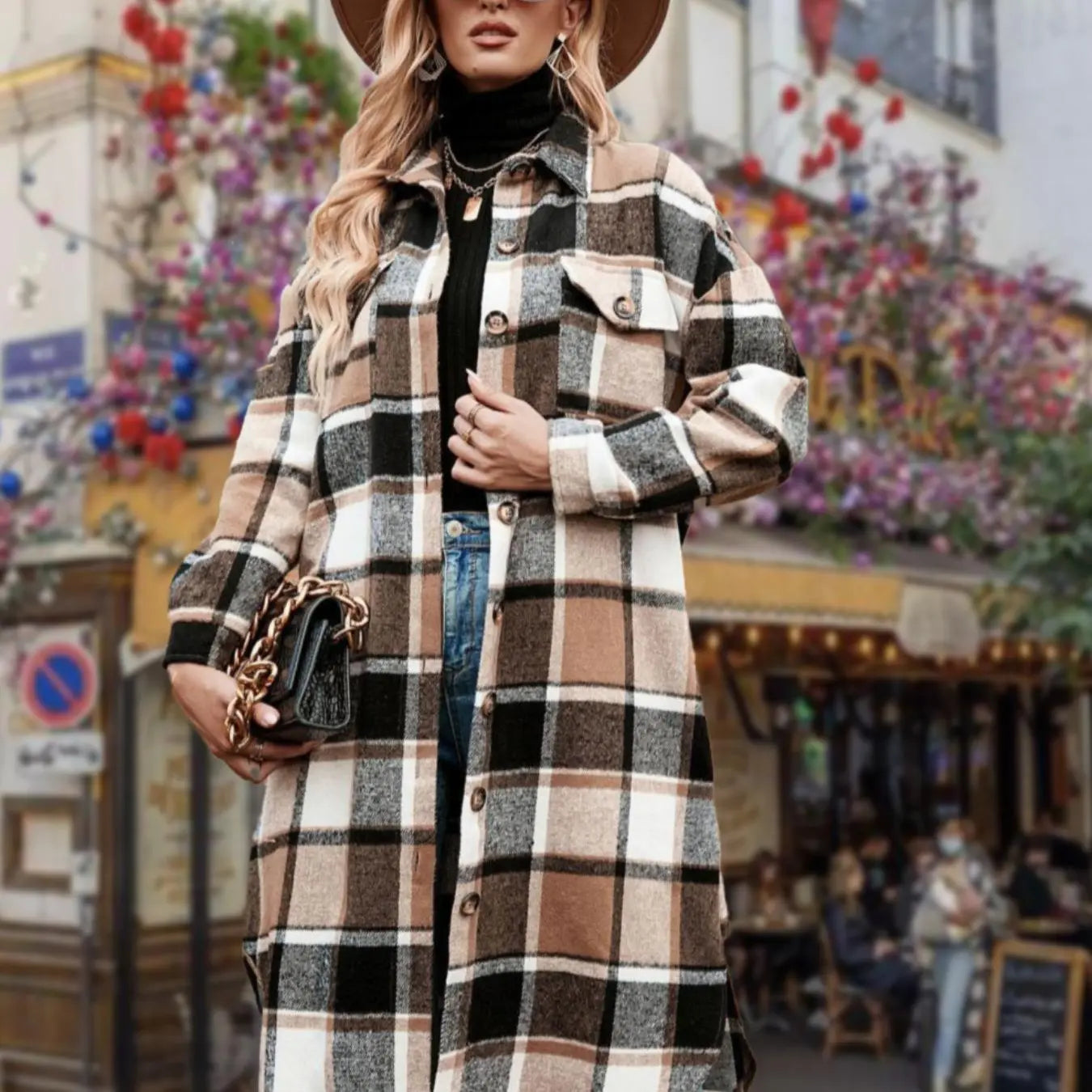 Women'S Plaid Print Button Front Split Side 3/4 Sleeve Warm Coat for Spring, Lady Casual Comfort Loose Drop Shoulder Collared Outerwear for Daily Wear, Womenswear, Women'S Clothes