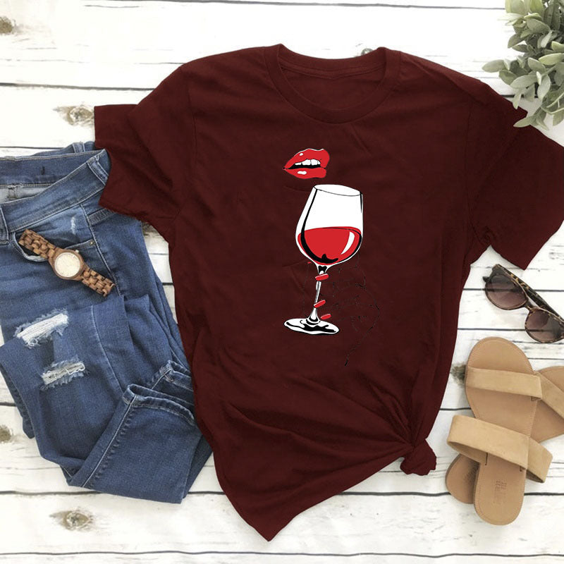 Women's Summer Printed Wine Glass Red Lips T-shirt S-XXXL