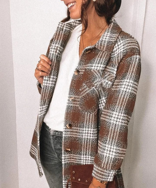 Long-Sleeved Lapel Loose Fitting Plaid Woolen Jacket for Women