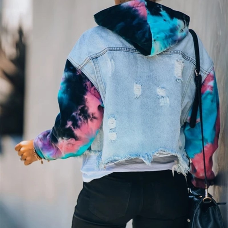 Women's Denim Tie-Dye Matching Color Jacket Ripped Style