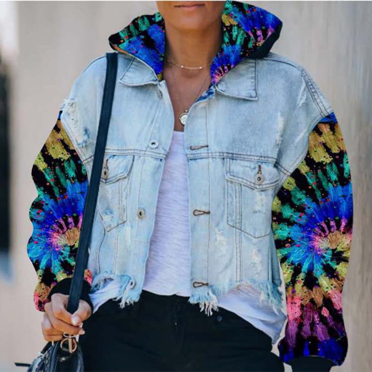 Women's Denim Tie-Dye Matching Color Jacket Ripped Style