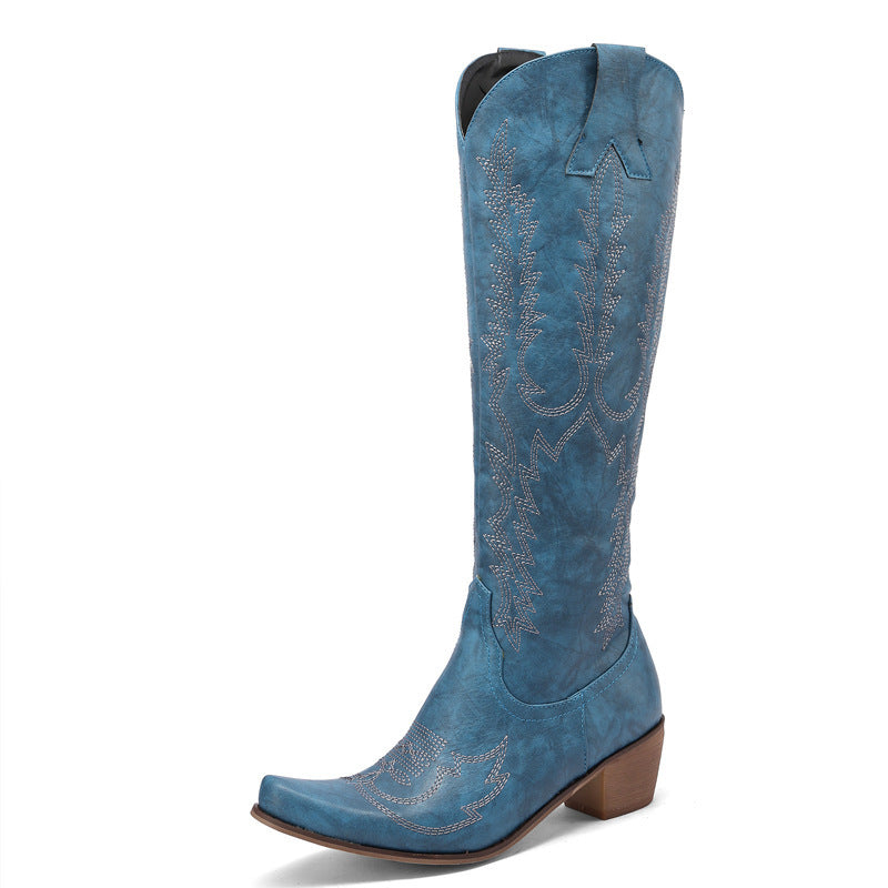 Embroidered Vintage Knee-High Boots with Mid Heel for Women