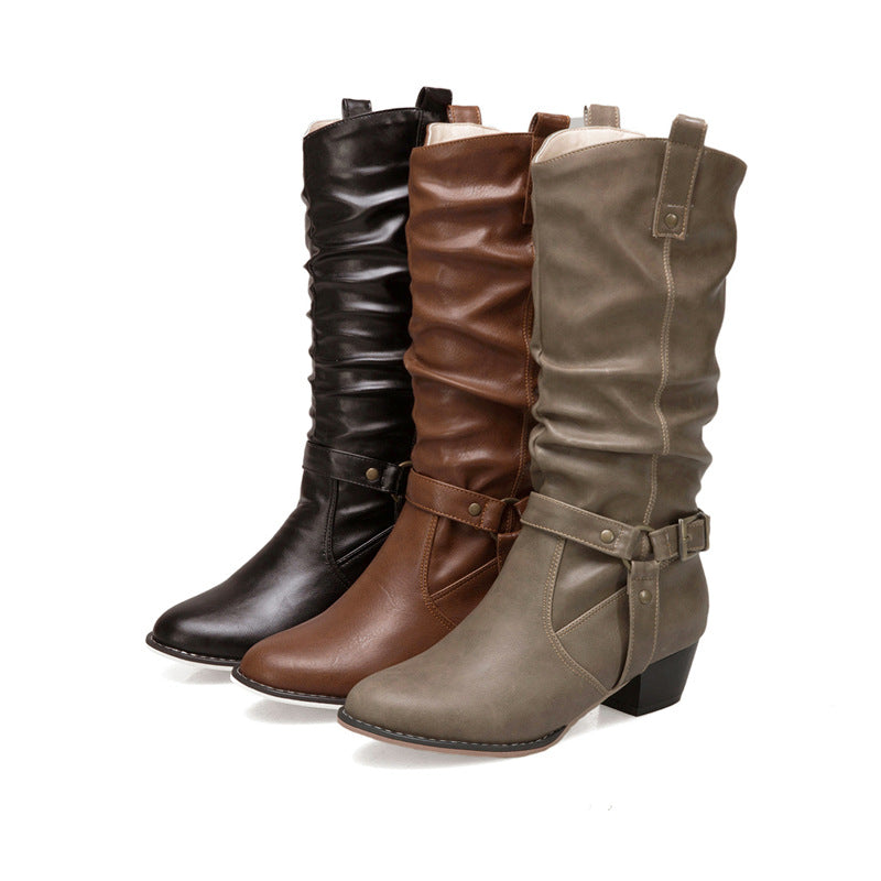 Women's Artificial PU Belt Buckle Thick Heel Mid-calf Boots