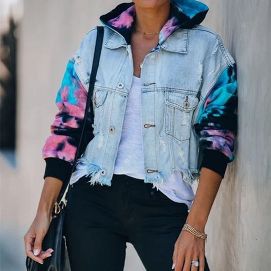 Women's Denim Tie-Dye Matching Color Jacket Ripped Style