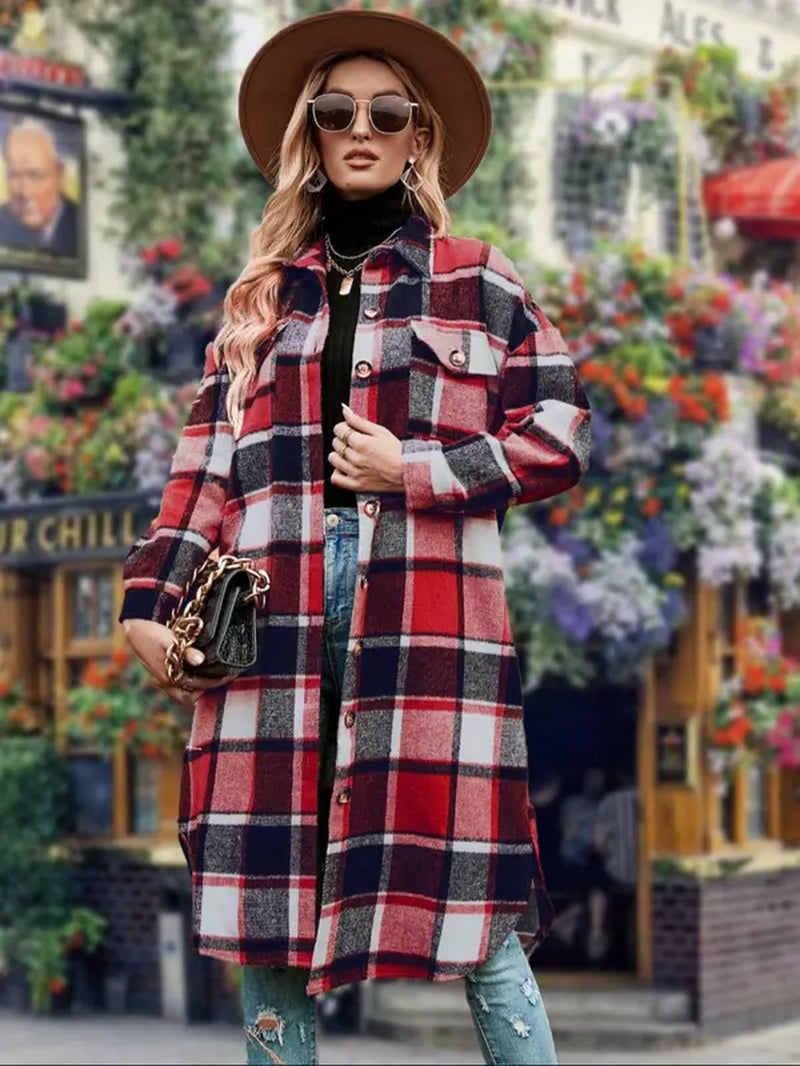 Women'S Plaid Print Button Front Split Side 3/4 Sleeve Warm Coat for Spring, Lady Casual Comfort Loose Drop Shoulder Collared Outerwear for Daily Wear, Womenswear, Women'S Clothes