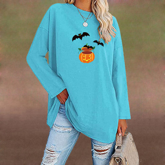 Halloween Bat Printed Crew Neck Top for Women