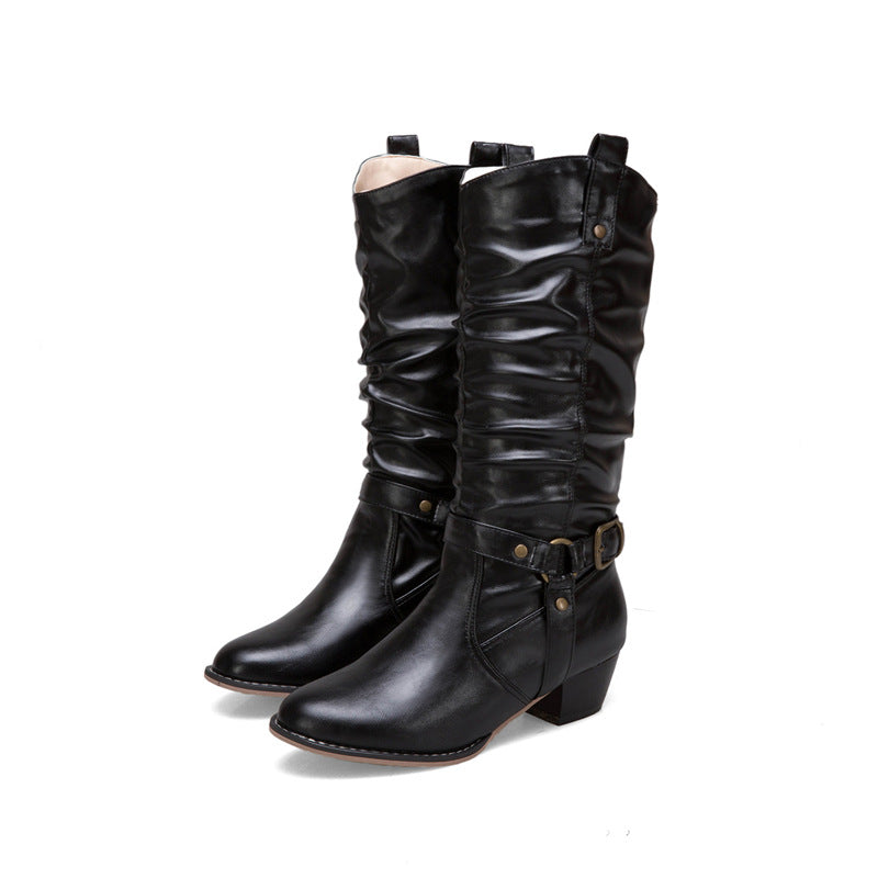 Women's Artificial PU Belt Buckle Thick Heel Mid-calf Boots