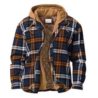 Men's Cotton Flannel Padded-lined Design Print Loose-fitting Long-sleeve Hoodie Coat