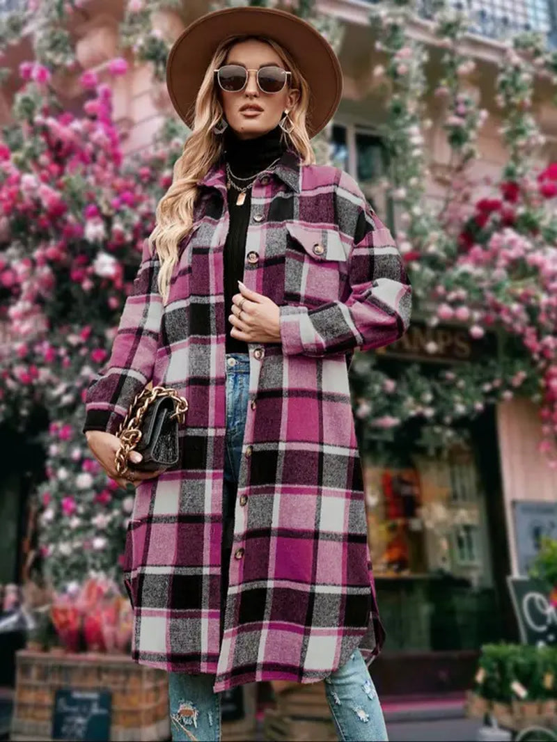 Women'S Plaid Print Button Front Split Side 3/4 Sleeve Warm Coat for Spring, Lady Casual Comfort Loose Drop Shoulder Collared Outerwear for Daily Wear, Womenswear, Women'S Clothes