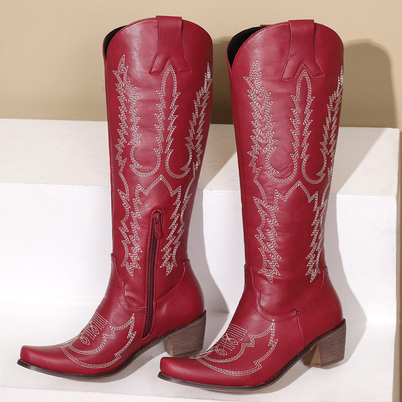 Embroidered Vintage Knee-High Boots with Mid Heel for Women