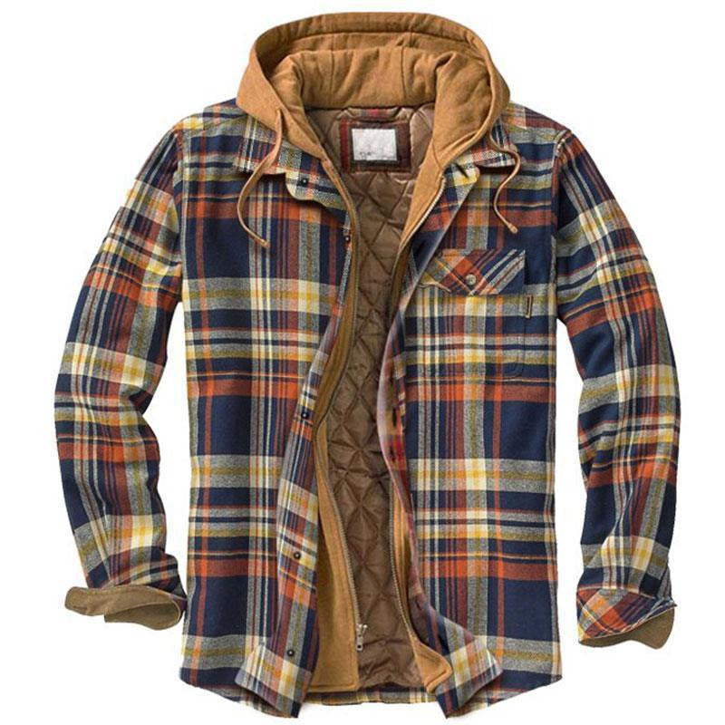 Men's Cotton Flannel Padded-lined Design Print Loose-fitting Long-sleeve Hoodie Coat