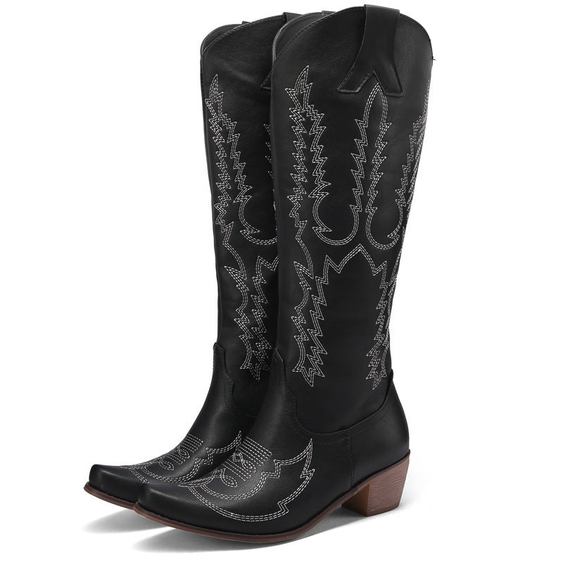 Embroidered Vintage Knee-High Boots with Mid Heel for Women