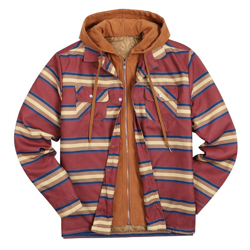 Men's Cotton Flannel Padded-lined Design Print Loose-fitting Long-sleeve Hoodie Coat