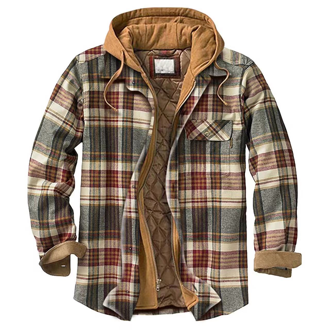 Men's Cotton Flannel Padded-lined Design Print Loose-fitting Long-sleeve Hoodie Coat