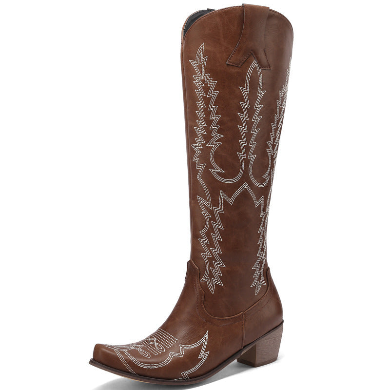 Embroidered Vintage Knee-High Boots with Mid Heel for Women