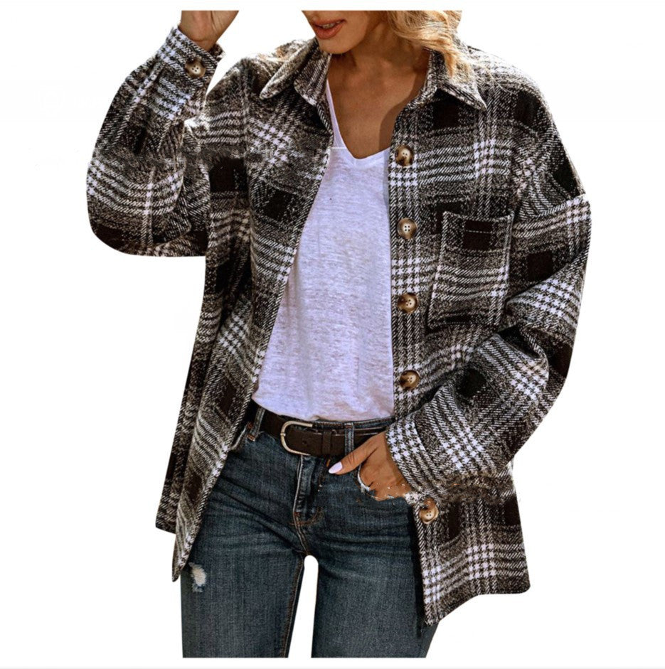 Long-Sleeved Lapel Loose Fitting Plaid Woolen Jacket for Women