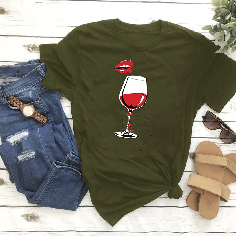 Women's Summer Printed Wine Glass Red Lips T-shirt S-XXXL