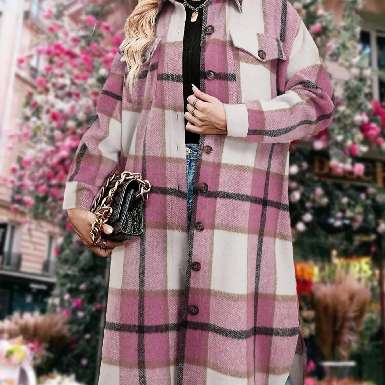 Women'S Plaid Print Button Front Split Side 3/4 Sleeve Warm Coat for Spring, Lady Casual Comfort Loose Drop Shoulder Collared Outerwear for Daily Wear, Womenswear, Women'S Clothes