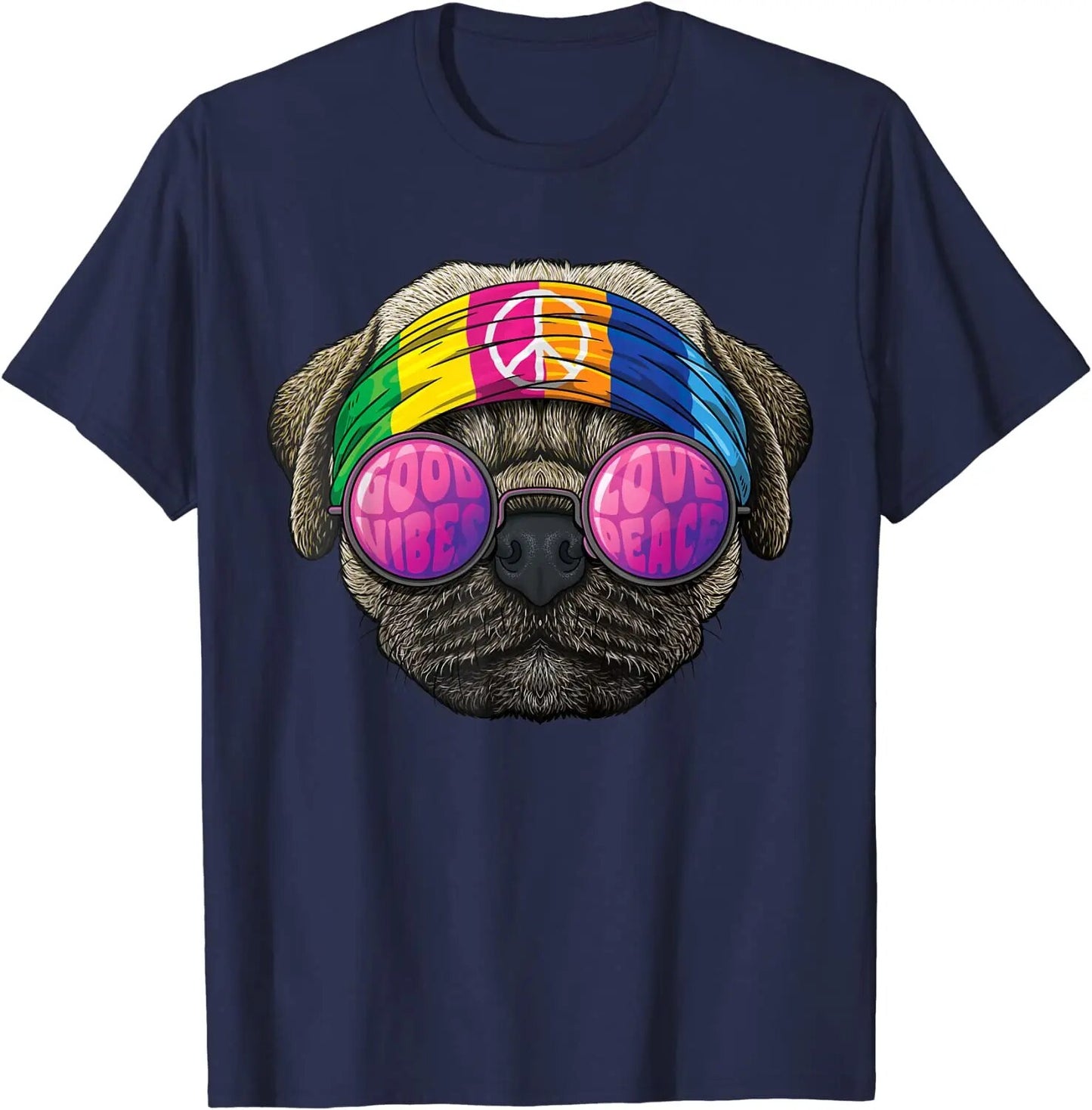 Men's Pug Love Peace Sign 70's Cotton Short Sleeve Tee Shirts