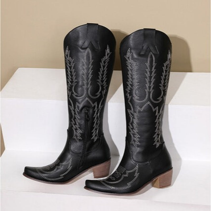 Embroidered Vintage Knee-High Boots with Mid Heel for Women