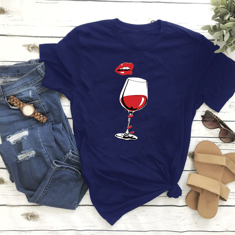 Women's Summer Printed Wine Glass Red Lips T-shirt S-XXXL