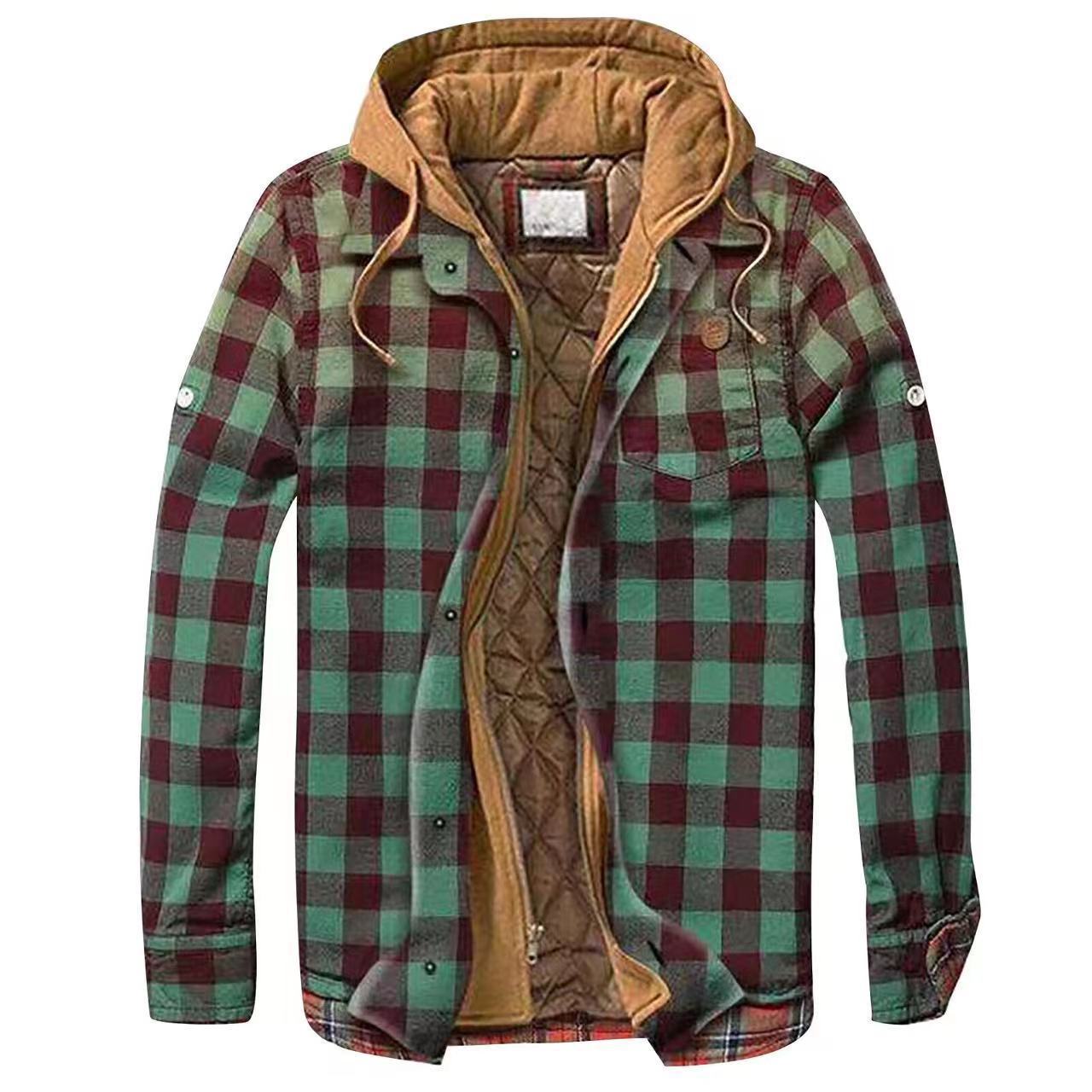 Men's Cotton Flannel Padded-lined Design Print Loose-fitting Long-sleeve Hoodie Coat