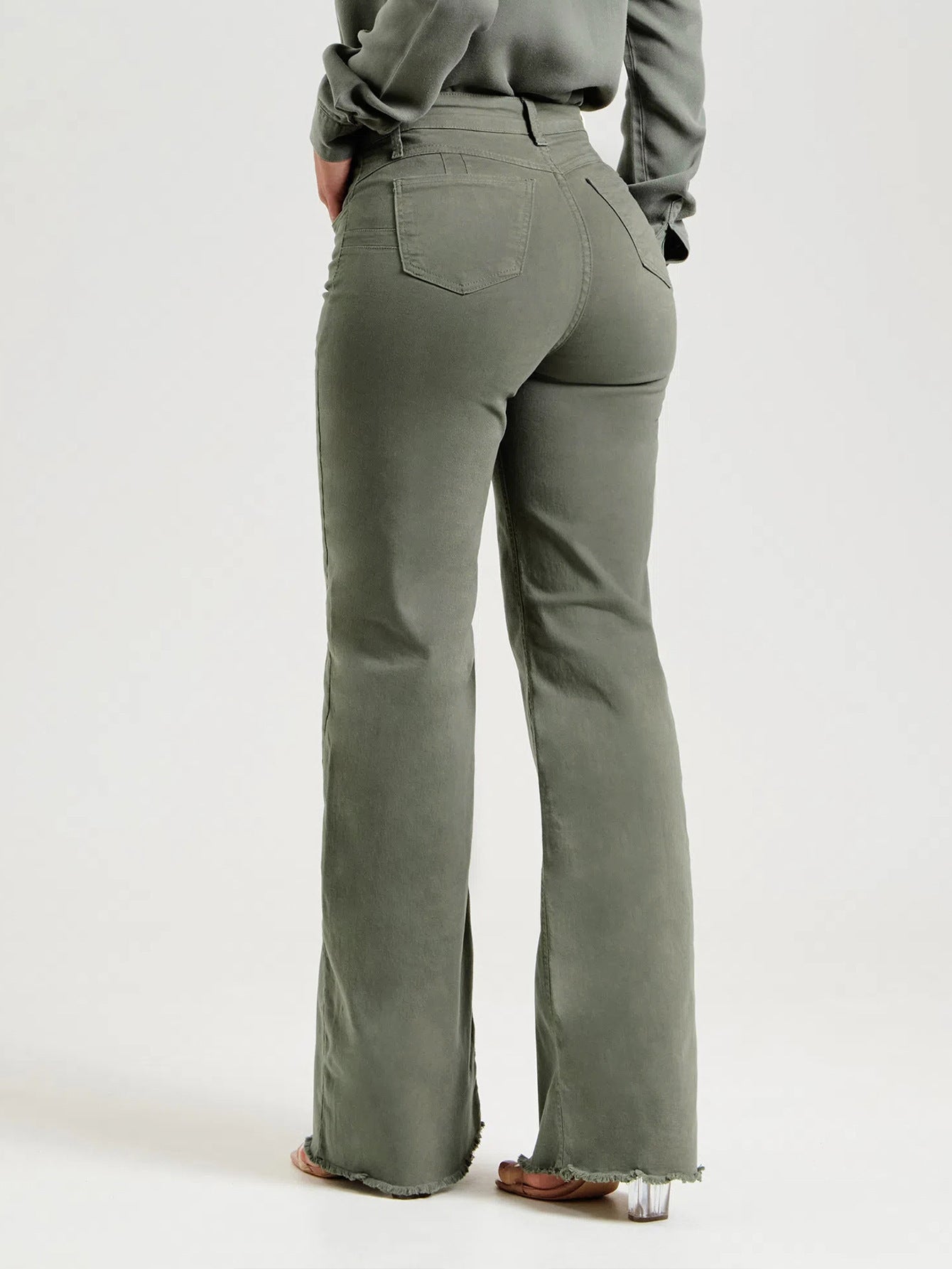 Slim Fit Stretch Fashion Solid Color Frayed Flared Pants For Women