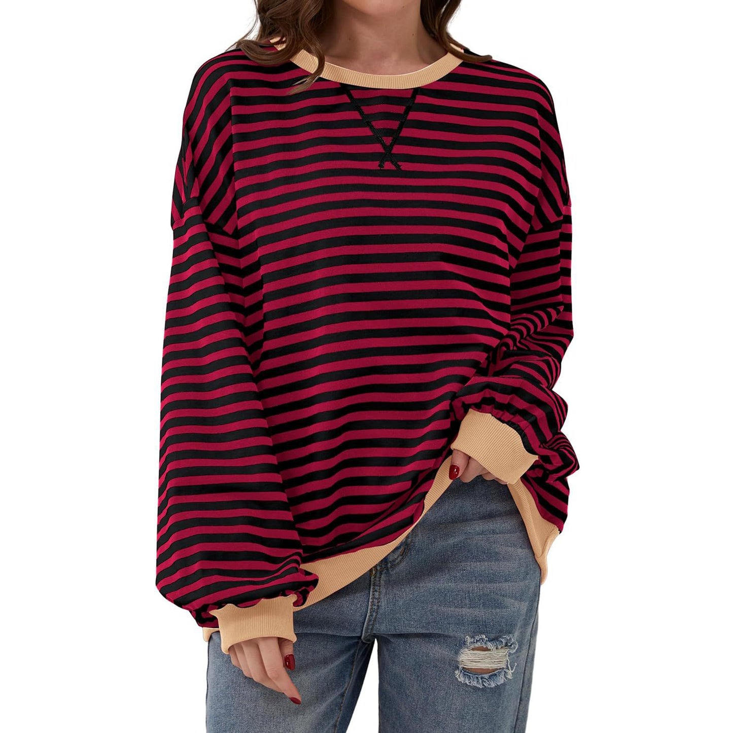 Loose Striped Long Sleeve T-shirt Casual Pullover Sweater For Womens Clothing