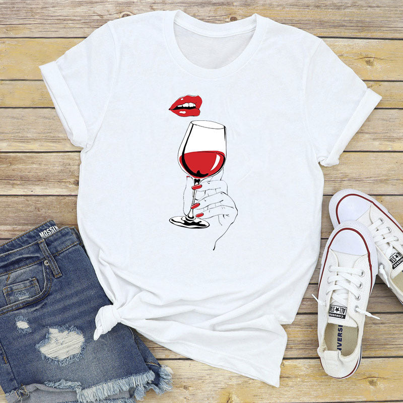 Women's Summer Printed Wine Glass Red Lips T-shirt S-XXXL