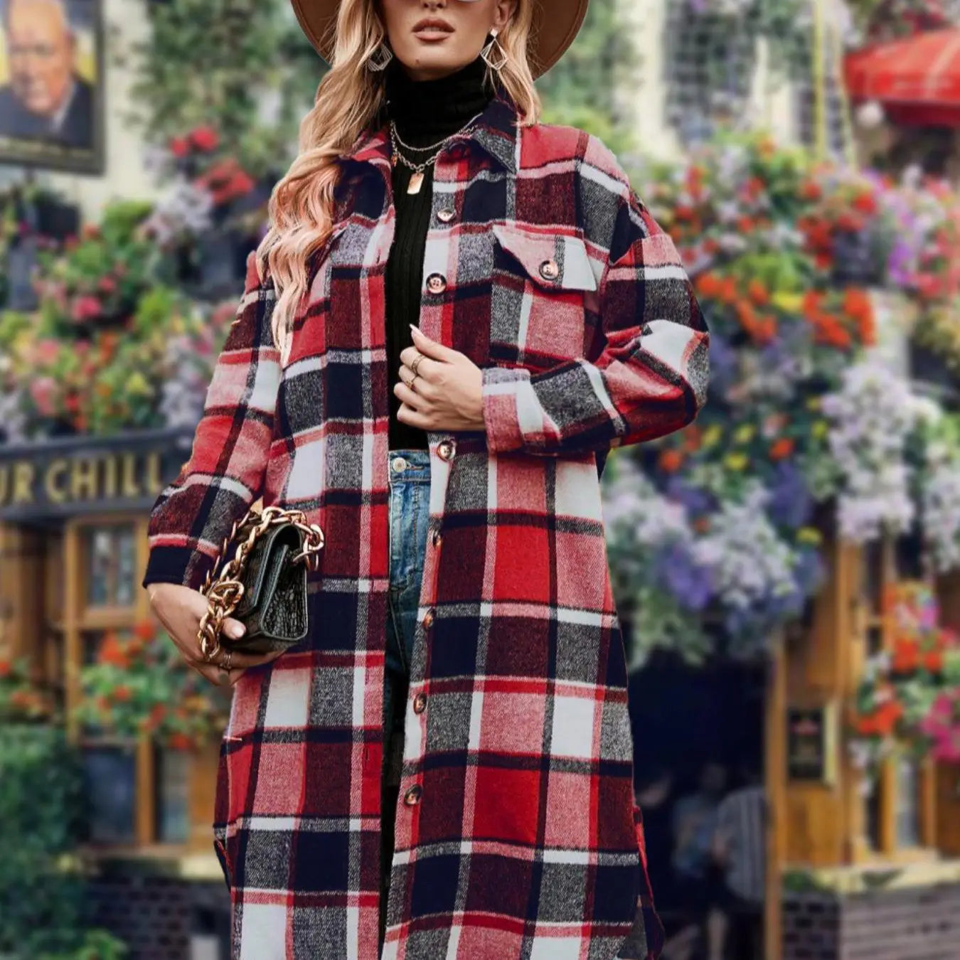 Women'S Plaid Print Button Front Split Side 3/4 Sleeve Warm Coat for Spring, Lady Casual Comfort Loose Drop Shoulder Collared Outerwear for Daily Wear, Womenswear, Women'S Clothes