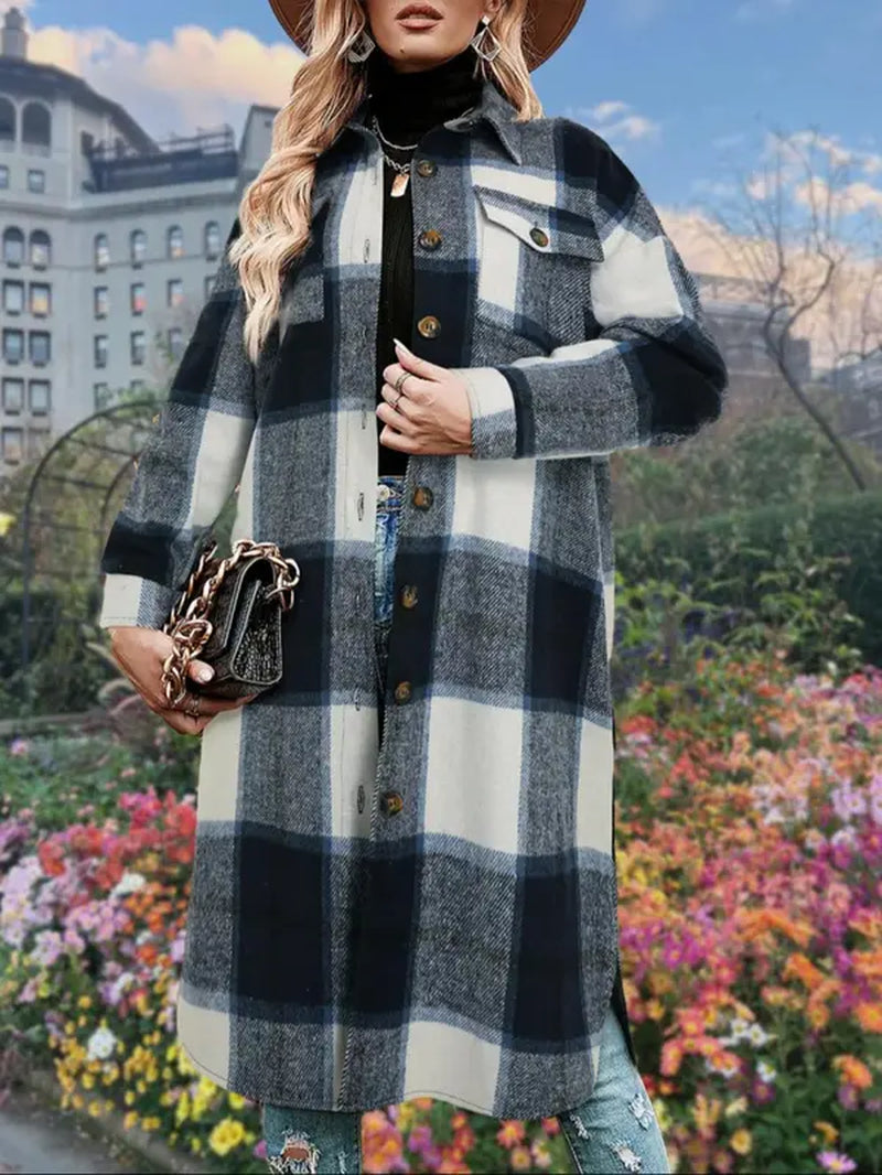 Women'S Plaid Print Button Front Split Side 3/4 Sleeve Warm Coat for Spring, Lady Casual Comfort Loose Drop Shoulder Collared Outerwear for Daily Wear, Womenswear, Women'S Clothes