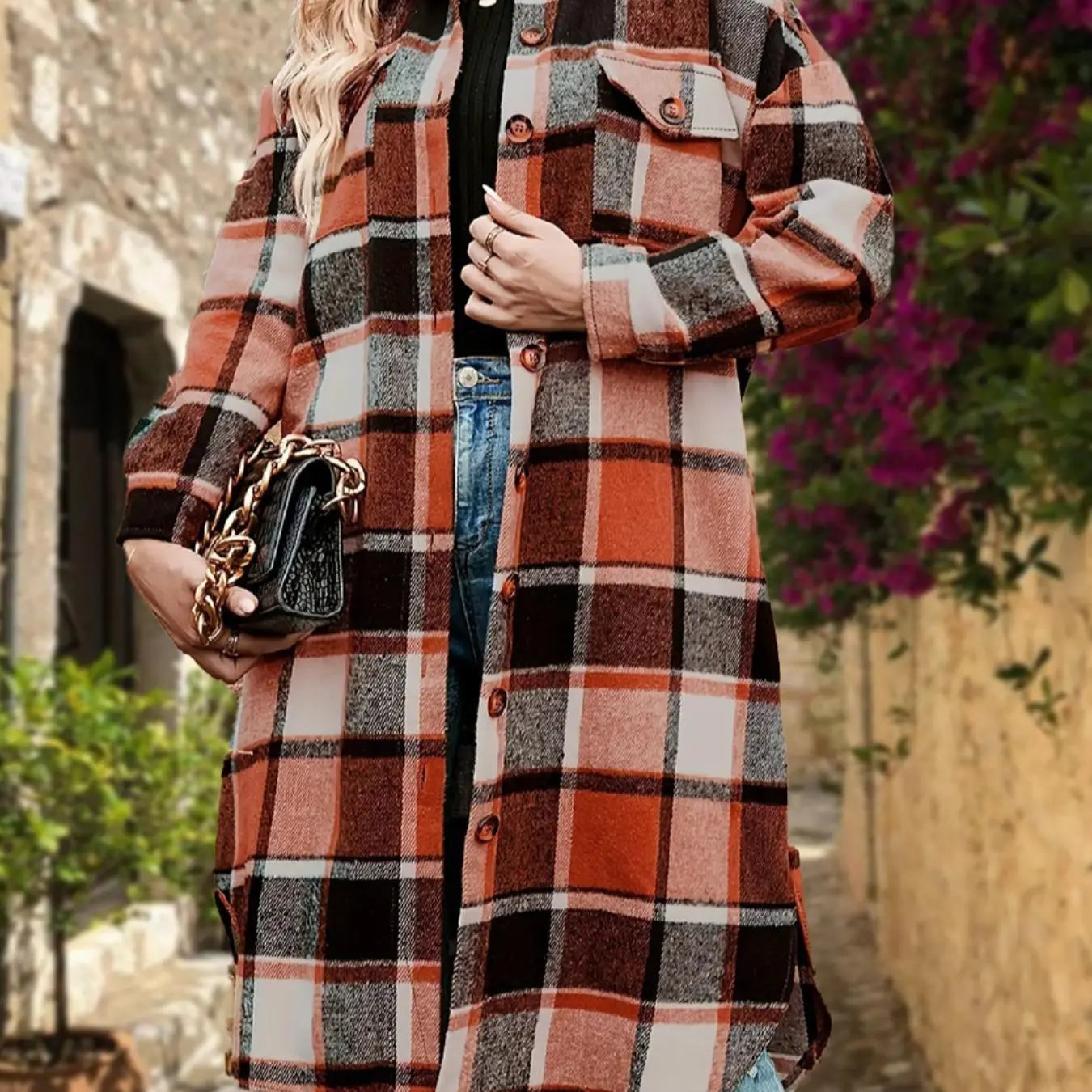 Women'S Plaid Print Button Front Split Side 3/4 Sleeve Warm Coat for Spring, Lady Casual Comfort Loose Drop Shoulder Collared Outerwear for Daily Wear, Womenswear, Women'S Clothes