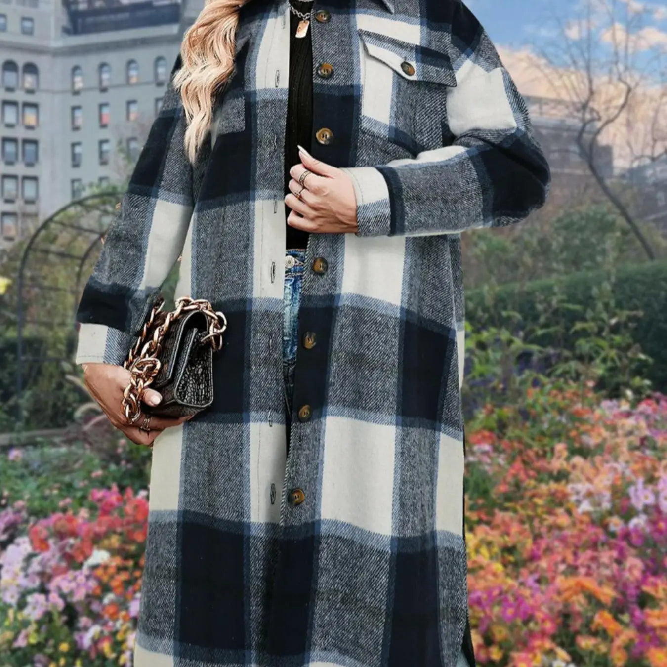 Women'S Plaid Print Button Front Split Side 3/4 Sleeve Warm Coat for Spring, Lady Casual Comfort Loose Drop Shoulder Collared Outerwear for Daily Wear, Womenswear, Women'S Clothes