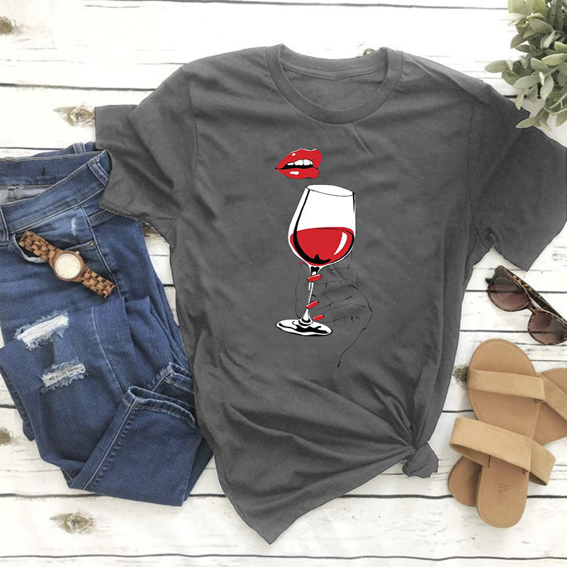 Women's Summer Printed Wine Glass Red Lips T-shirt S-XXXL