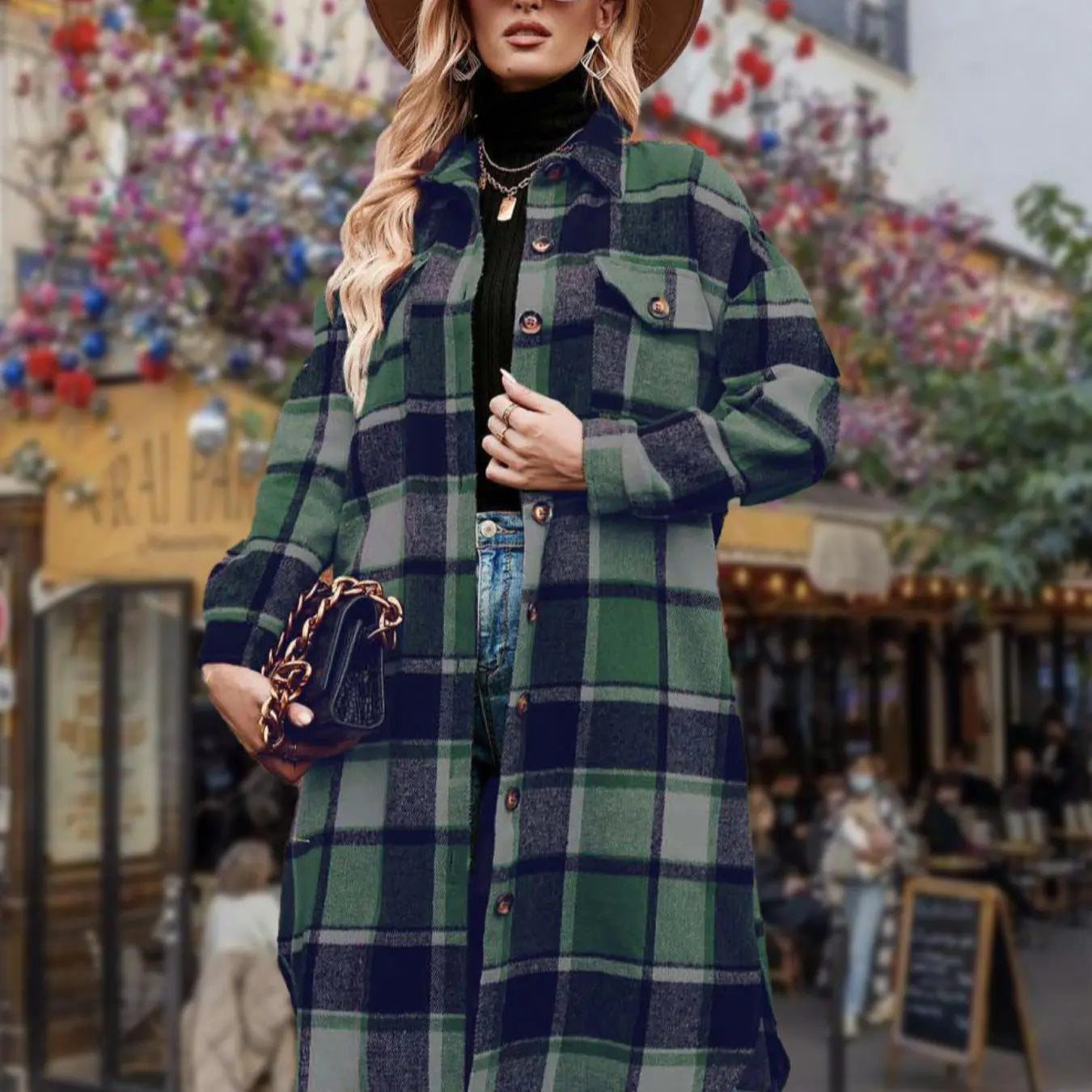 Women'S Plaid Print Button Front Split Side 3/4 Sleeve Warm Coat for Spring, Lady Casual Comfort Loose Drop Shoulder Collared Outerwear for Daily Wear, Womenswear, Women'S Clothes